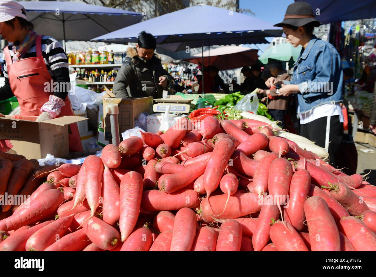 A large colorful fresh produce market in chaoyangmen, Beijing, China. Stock Photo