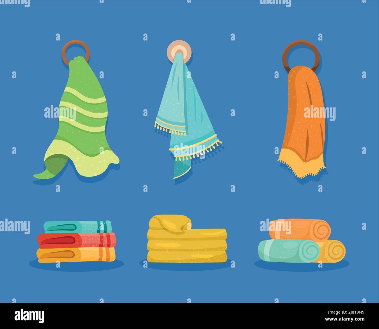 six towels bathroom set icons Stock Vector