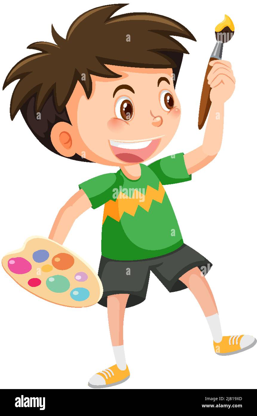 Cute boy holding brush and colour palette illustration Stock Vector ...