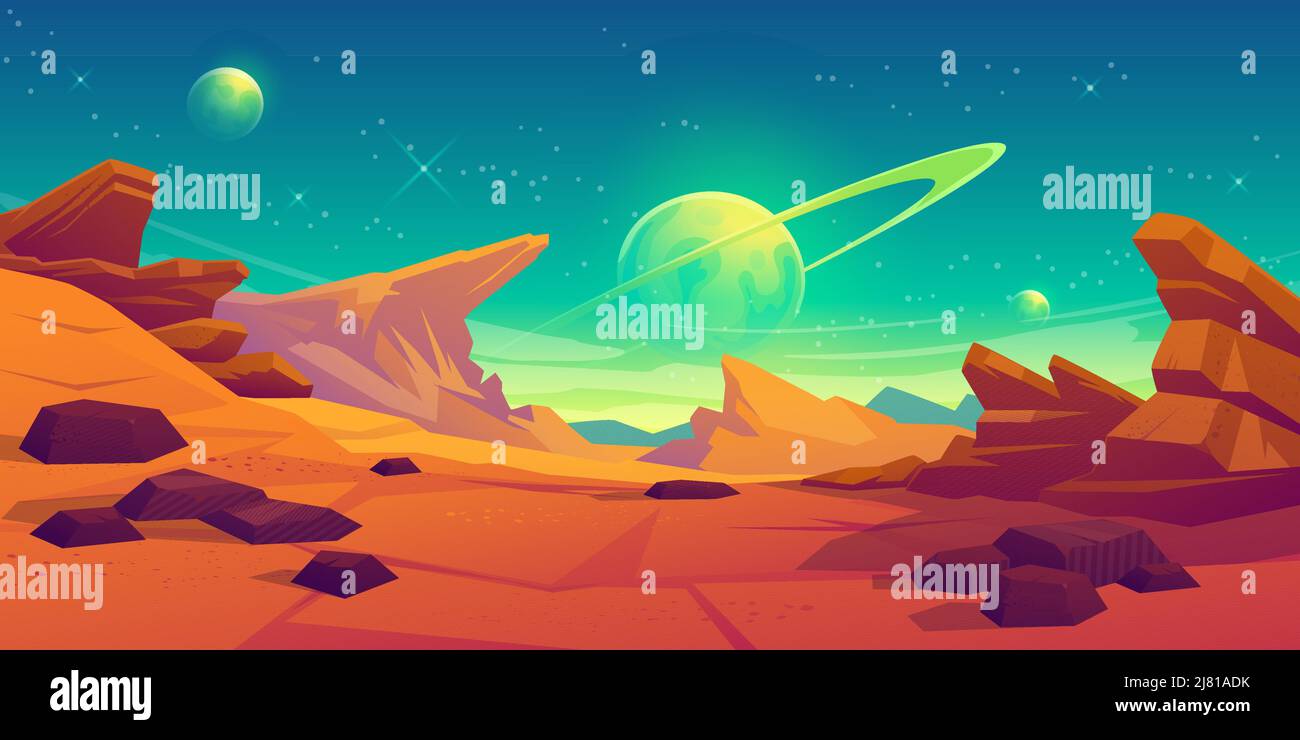Mars surface, alien planet landscape. Space game background with orange ground, mountains, stars, Saturn and Earth in sky. Vector cartoon fantastic illustration of cosmos and red martian surface Stock Vector