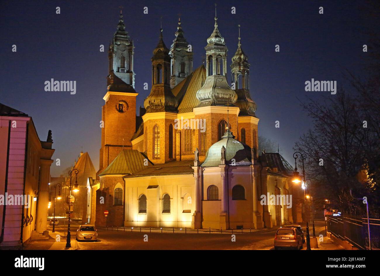 Back view at Poznan Cathedral at night - Poznan, Poland Stock Photo