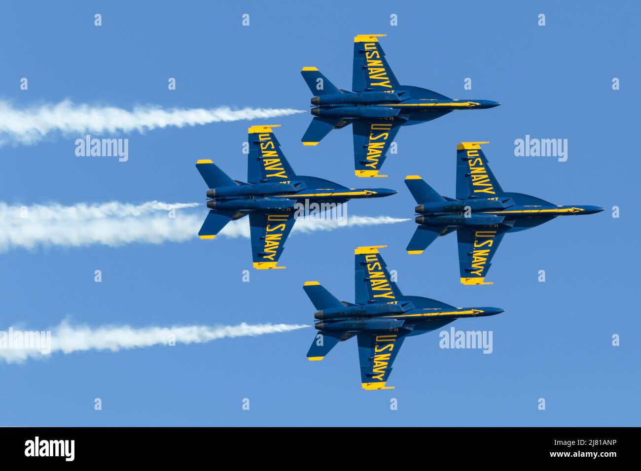 Blue Angels F/A-18E Super Hornets in diamond formation during a 2021 San Francisco Fleet Week flight demonstration. Stock Photo