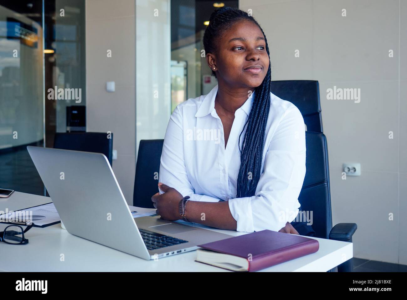 successful charming african american woman with afro pigtails hair in white shirt and gray pencil skirt posing in a modern office with a panoramic Stock Photo