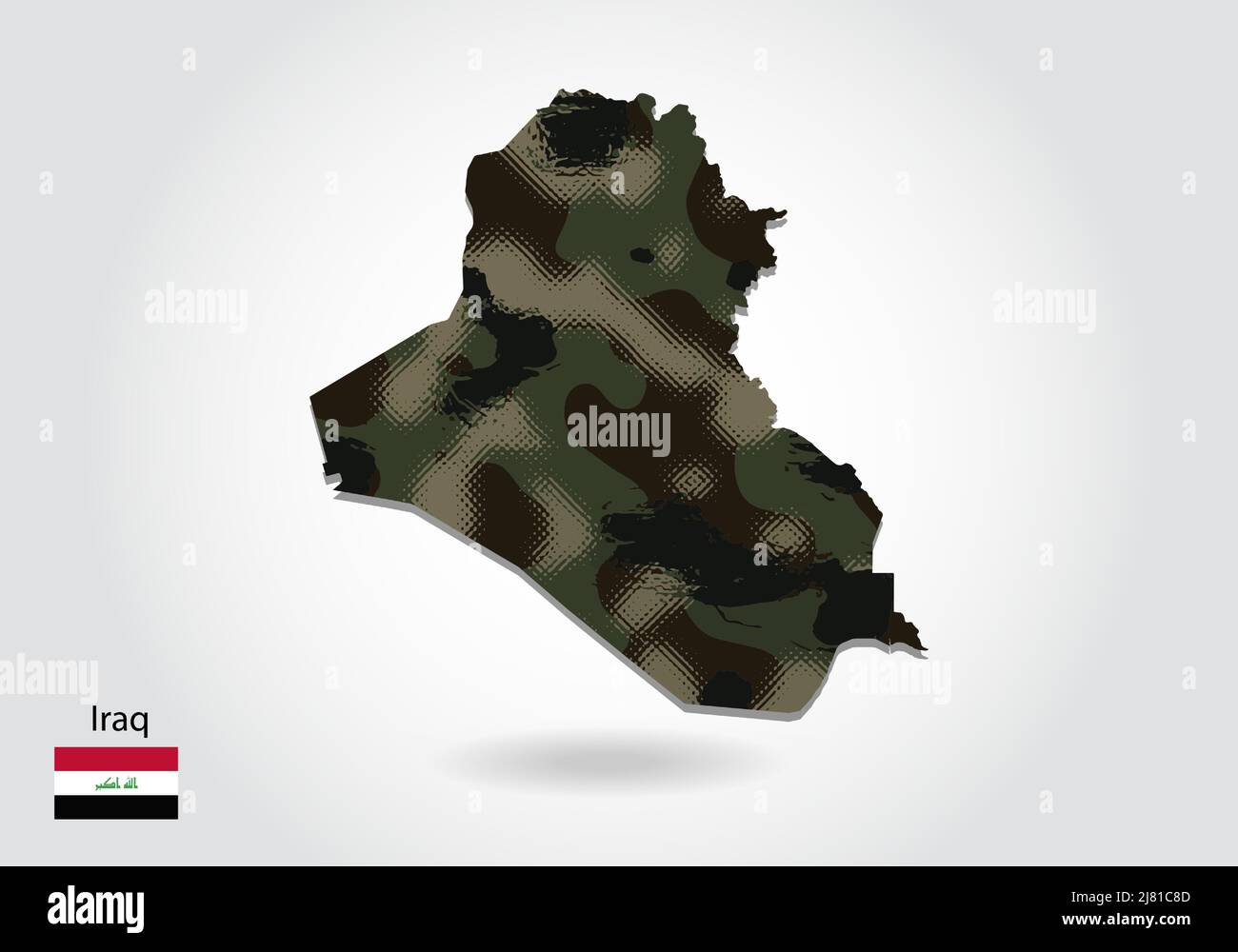 iraq map with camouflage pattern, Forest - green texture in map. Military concept for army, soldier and war. coat of arms, flag. Stock Vector