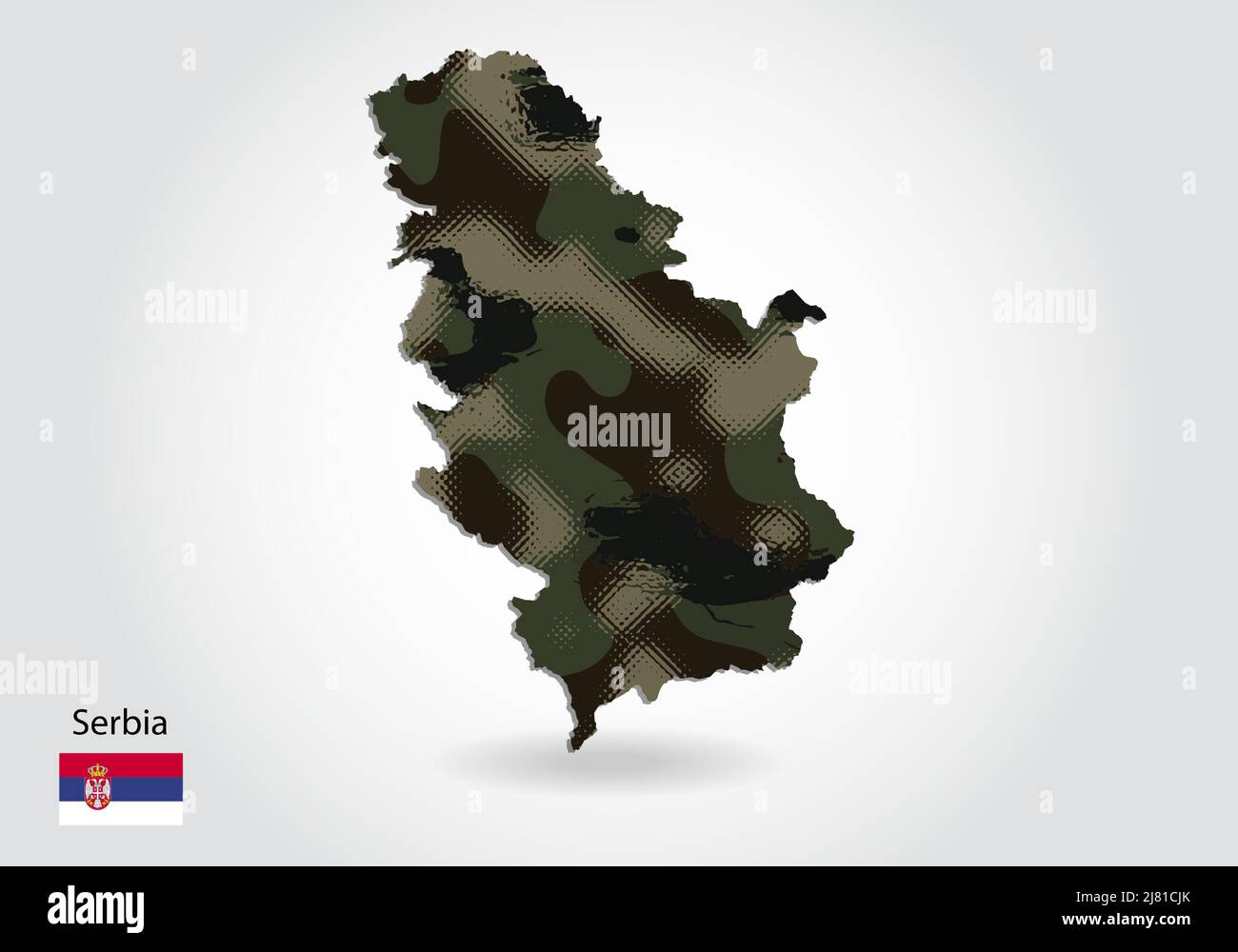 Serbia map with camouflage pattern, Forest - green texture in map. Military concept for army, soldier and war. coat of arms, flag. Stock Vector