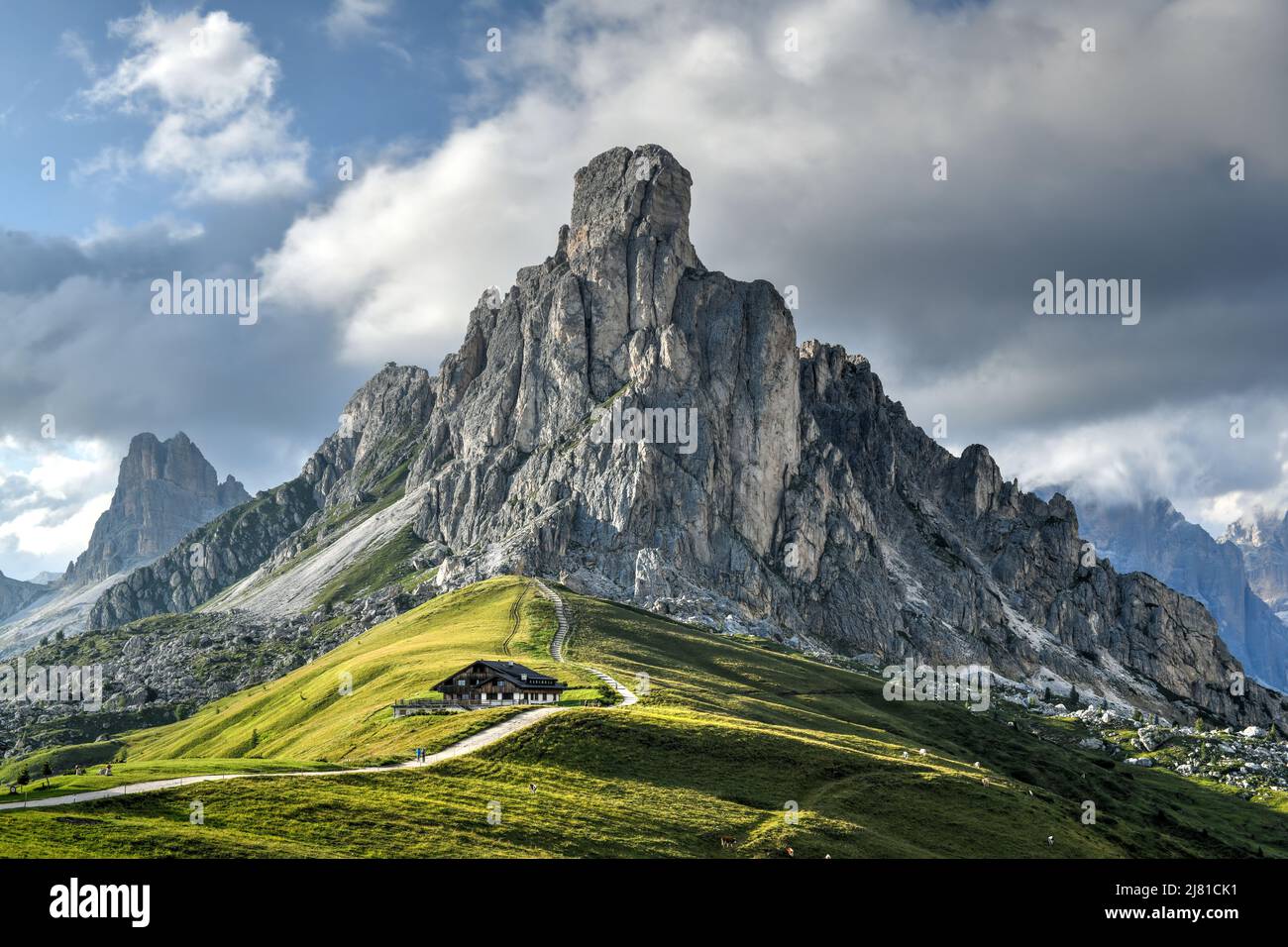 Panoramic View Of Passo Giau In The Dolomite Mountains Of Italy Stock 