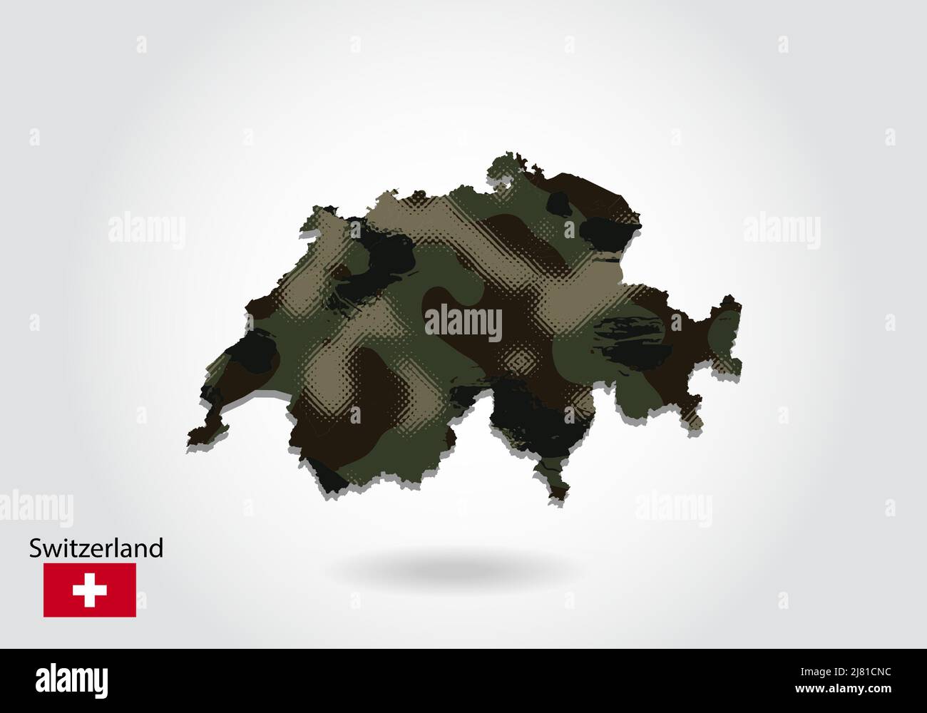Switzerland map with camouflage pattern, Forest - green texture in map. Military concept for army, soldier and war. coat of arms, flag. Stock Vector
