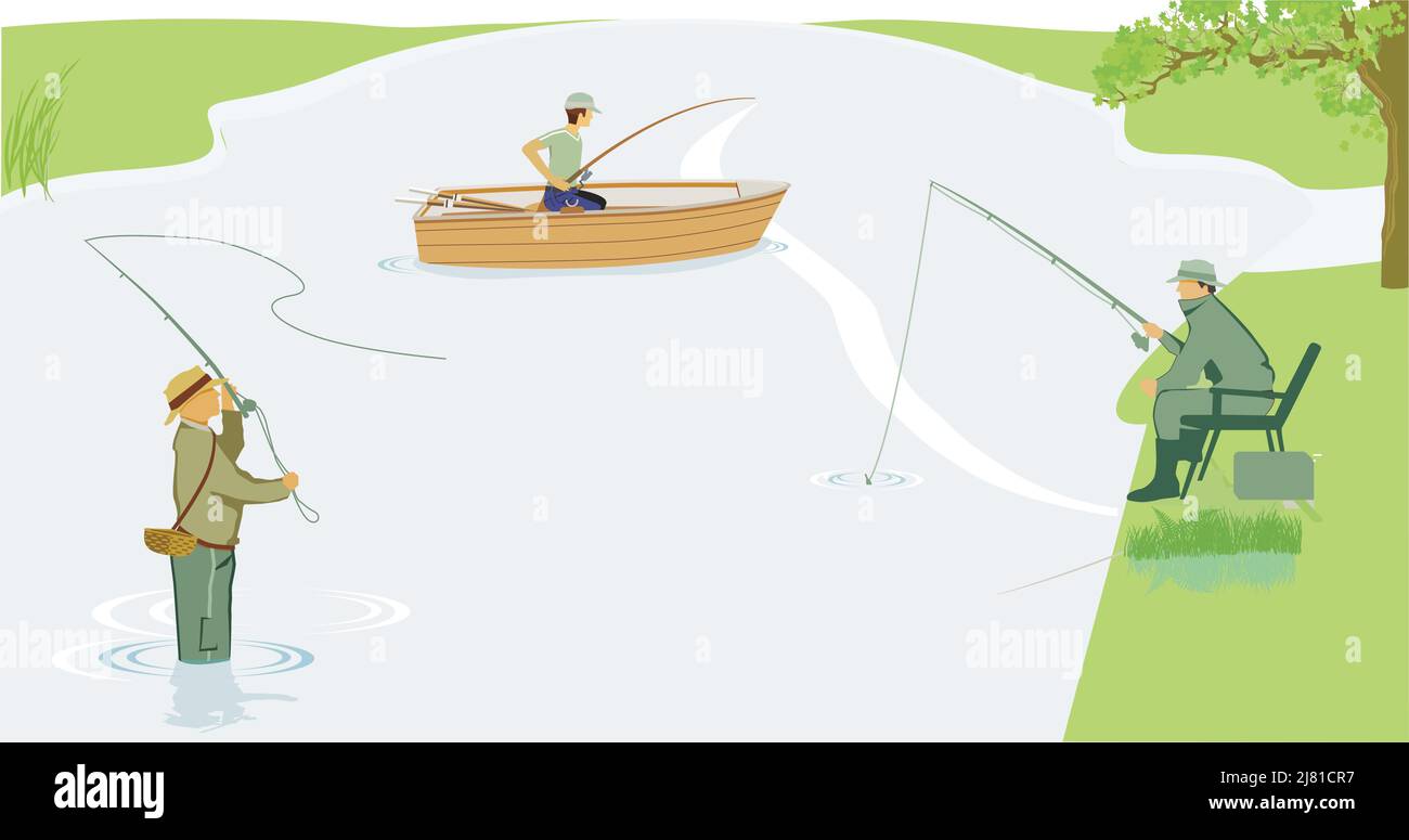 Fishing and lake recreation illustration, Stock Vector