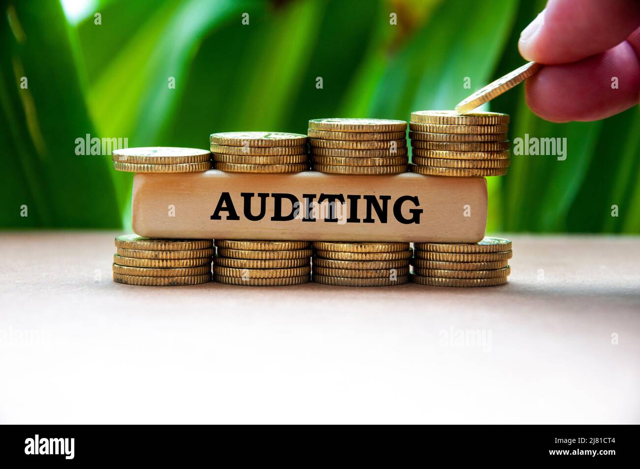 Auditing text on wooden block with stack of gold coins on blurred  background. Business concept Stock Photo - Alamy