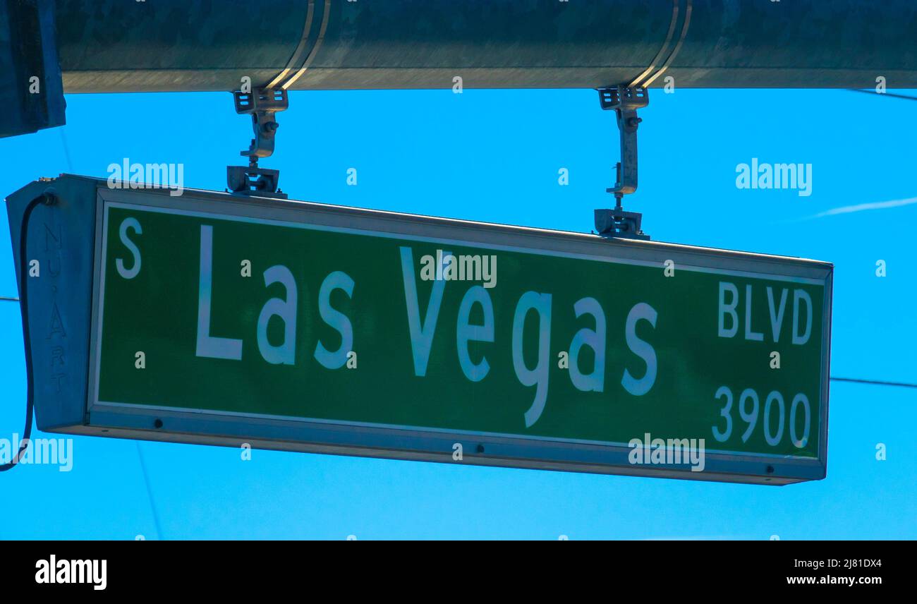Las Vegas Boulevard.   Las Vegas Strip road sign on the main street. World famous gambling sin city urban area of Nevada Stock Photo