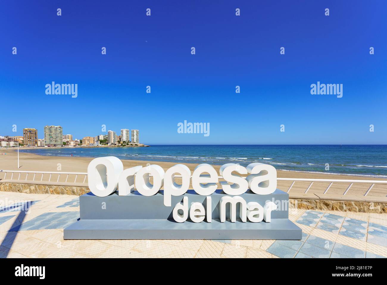 Oropesa del Mar, Spain. May 9, 2022. Name of the city next to La Concha beach Stock Photo