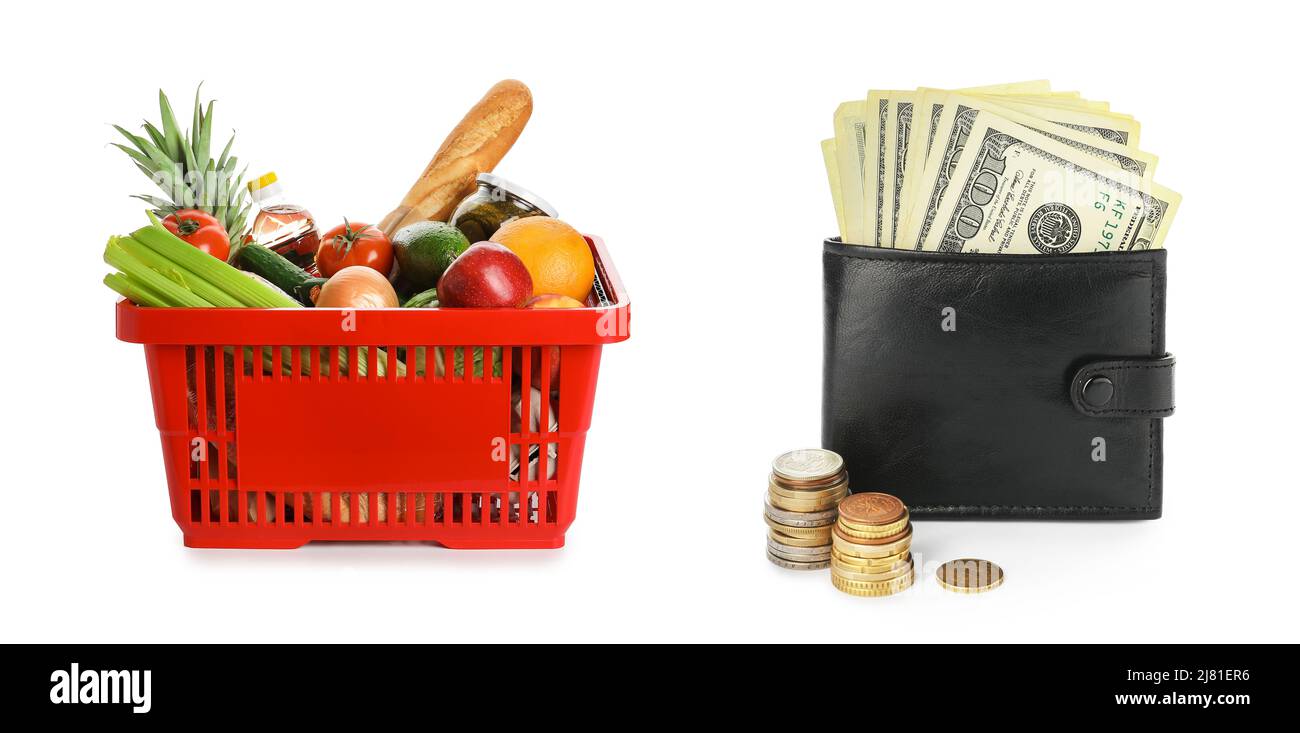Shopping basket full of products and wallet with money on white background. Food price increase
