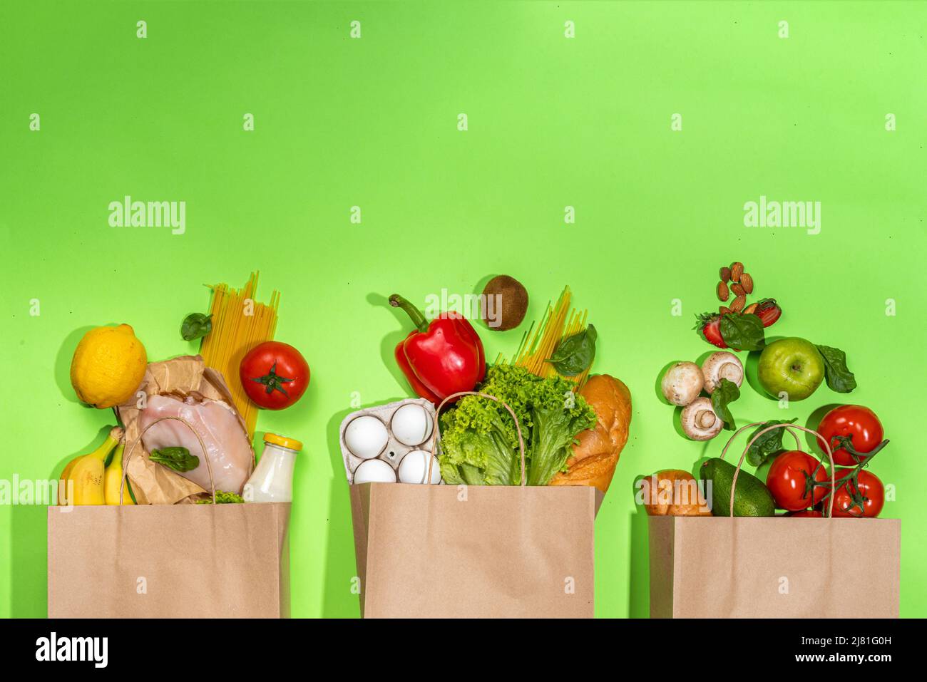 Fresh vegetables, meat, bread fruits in paper grocery bag. Delivery