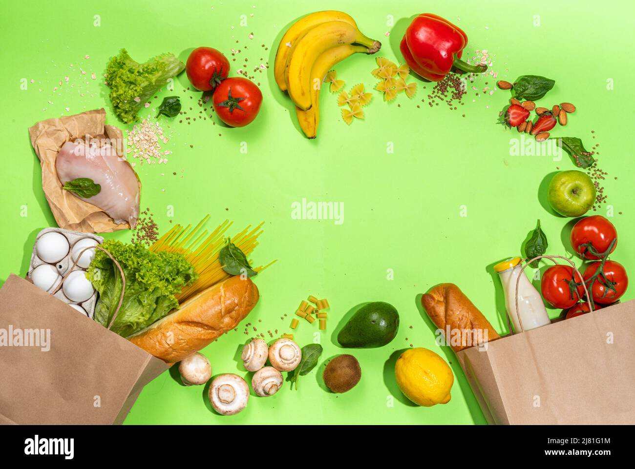 Fresh vegetables, meat, bread fruits in paper grocery bag. Delivery