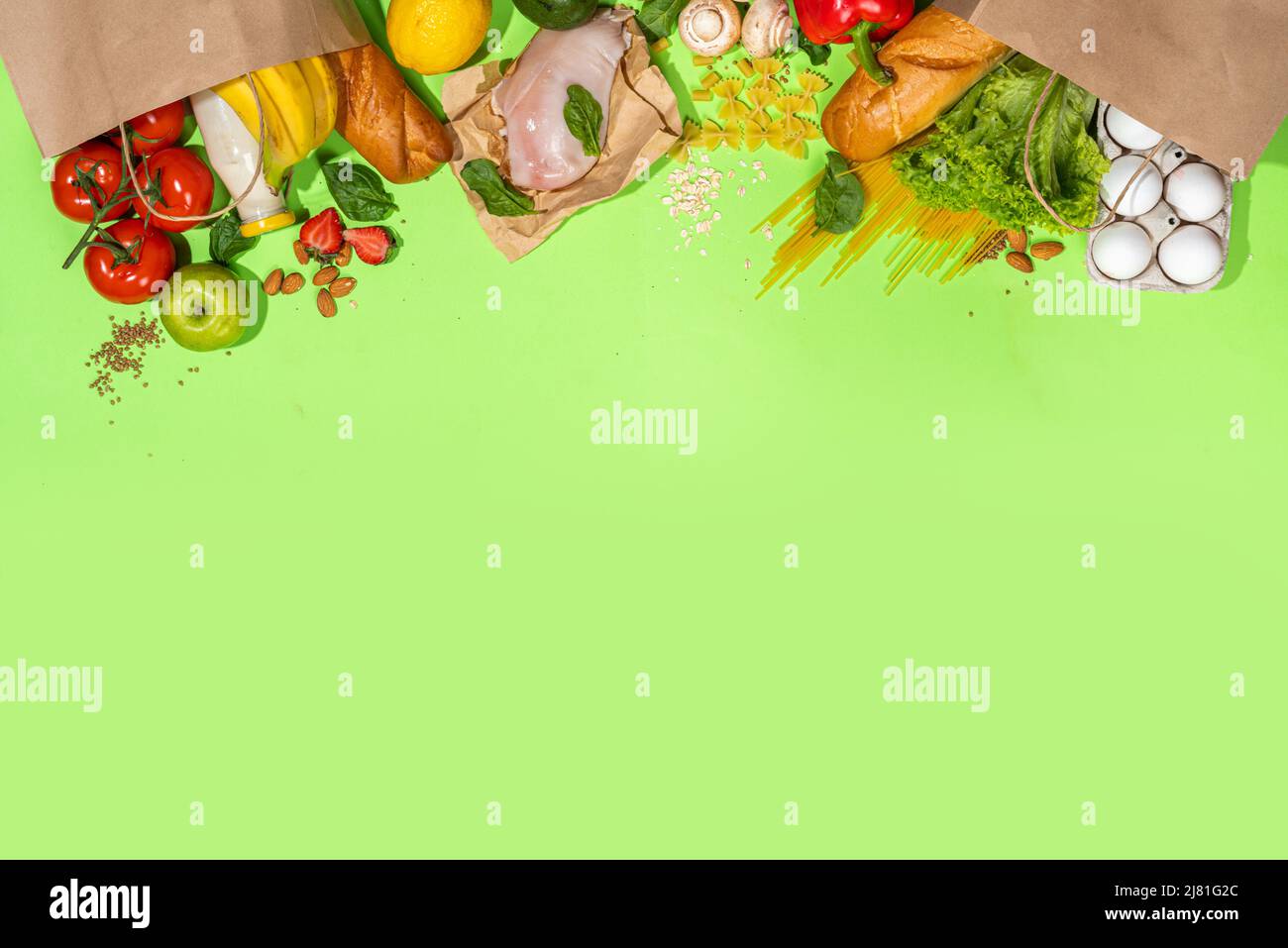 Fresh vegetables, meat, bread fruits in paper grocery bag. Delivery