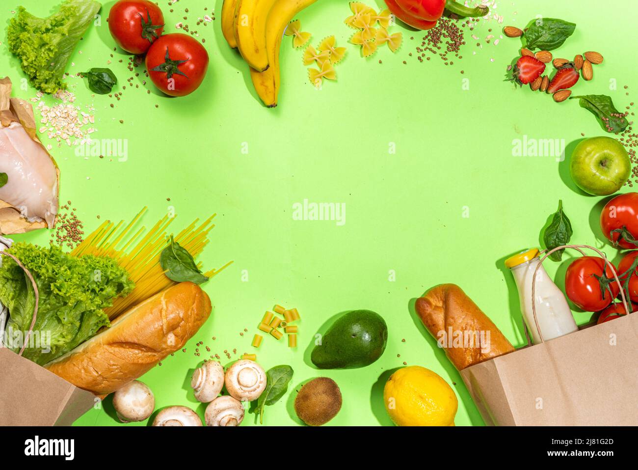 Fresh vegetables, meat, bread fruits in paper grocery bag. Delivery