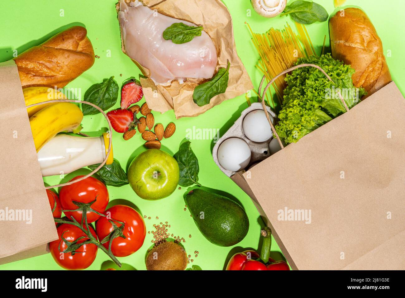 Fresh vegetables, meat, bread fruits in paper grocery bag. Delivery