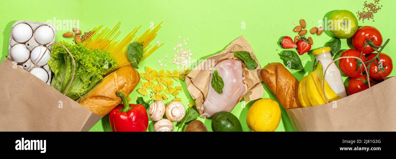 Fresh vegetables, meat, bread fruits in paper grocery bag. Delivery