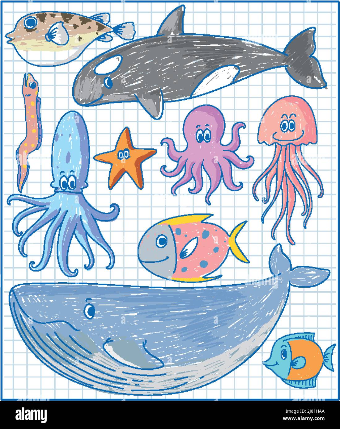 Kids hand drawn doodle sea animals illustration Stock Vector Image ...