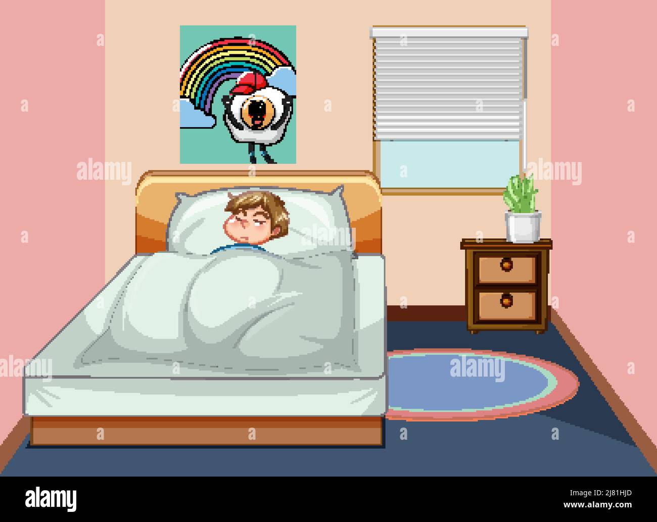A sleeping boy on the bed in bedroom illustration Stock Vector Image ...