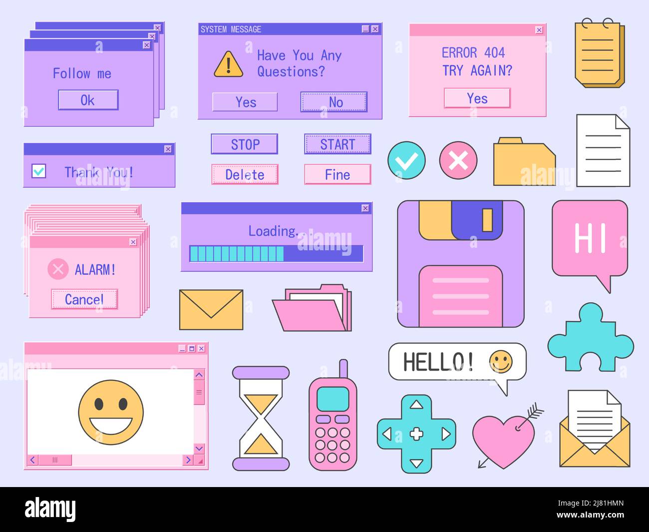 Retro computer sticker. Old PC interface with system message, geek technology retrowave icons. Vector trendy digital isolated set Stock Vector