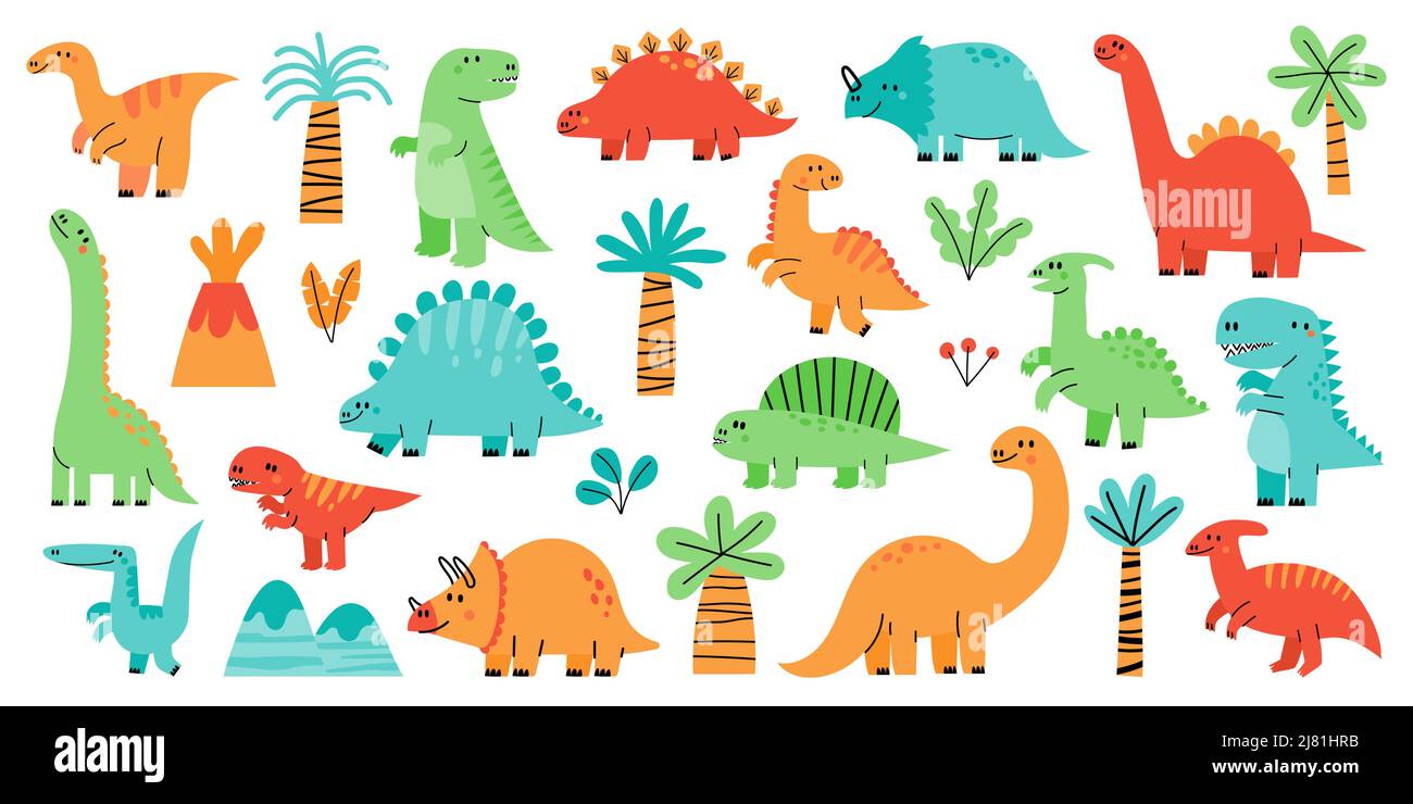 Cute dinosaur. Adorable cartoon baby dino, funny childish little animal collection, scandinavian doodle kindergarten character clipart. Vector set Stock Vector