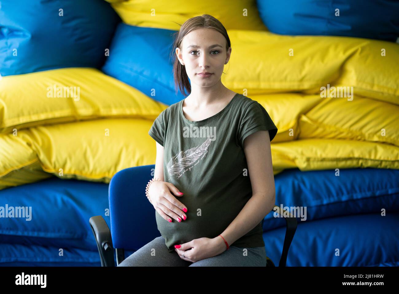 Katya (not real name), 18, who is 39 weeks pregnant, at a refugee centre for Ukranians fleeing the war in Iasi, Romania. Picture date: Wednesday May 11, 2022. Stock Photo