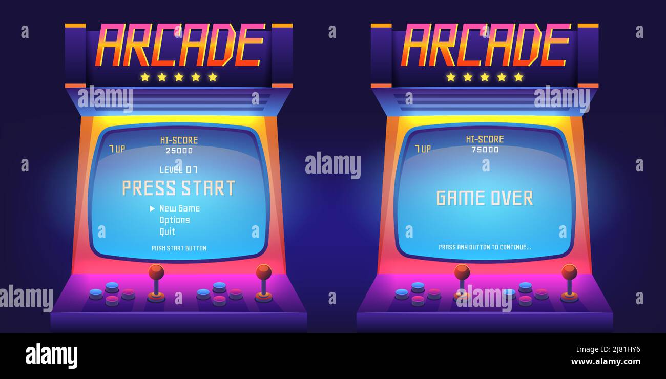 Arcade game screen. 80s retro start play and game over interface screen, vintage 1990s video gaming machine. Vector console monitor Stock Vector