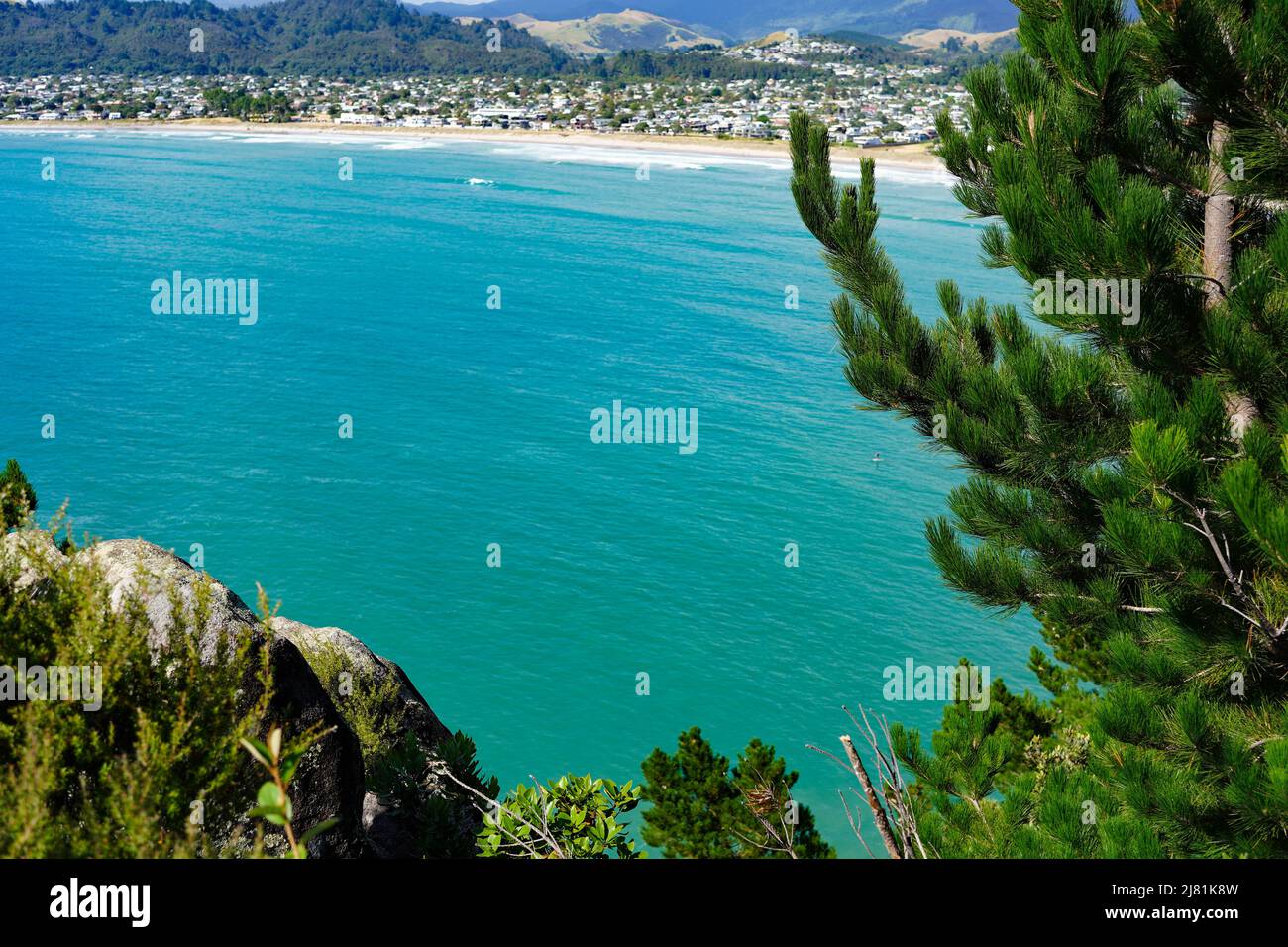 View of Whangamata, a popular beach holiday destination in the Coromandel region of New Zealand