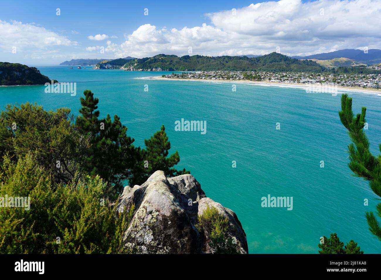 View of Whangamata, a popular beach holiday destination in the Coromandel region of New Zealand Stock Photo