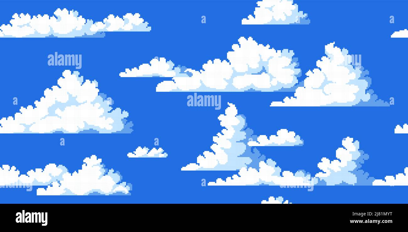 Pixel clouds pattern. Seamless print with 8 bit video game clouds concept art. Vector blue sky environment background texture Stock Vector