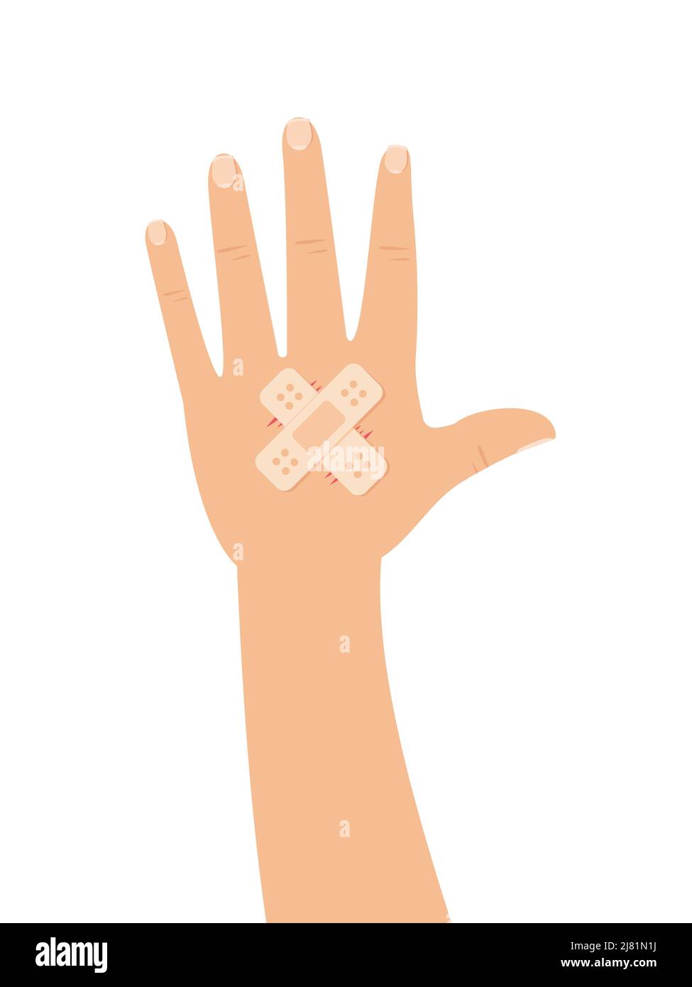 Wound hand with an adhesive bandage. Double sticking plaster. Vector