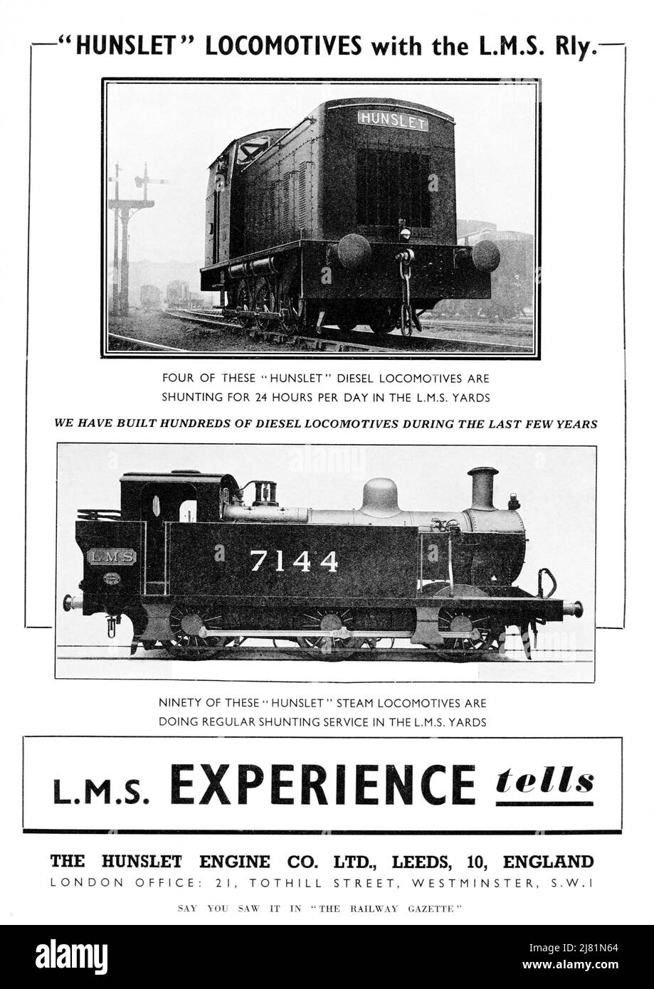 A Vintage 1938 advert for Hunslet Steam and diesel locmotives for the LMS Railway Stock Photo