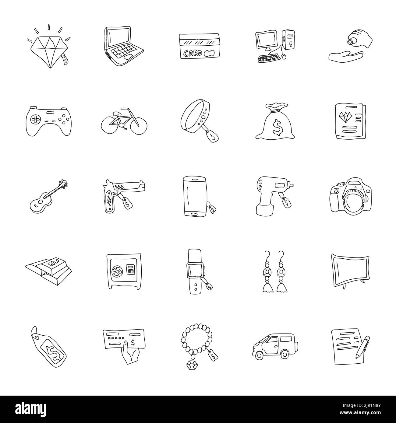 pawnshop hand drawn linear doodles Stock Vector