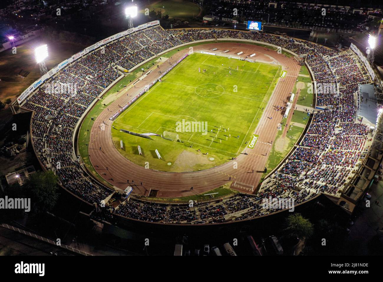 Aerial view of the Hereo de Nacozari Stadium with a sold-out crowd of  ??,??? people. Maroons of Sonora vs. Atlético Morelia, during the  first leg soccer match of the Liga Expancion Mx