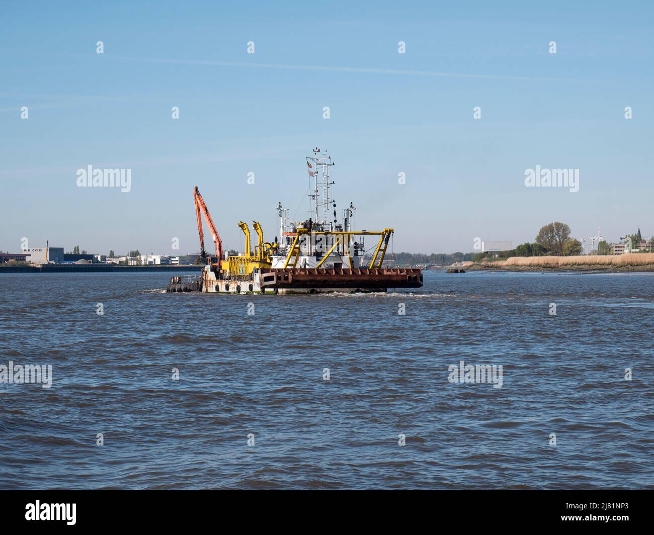 Antwerp, Belgium, 17 April 2022,The vessel PIETER COECKE is a Dredger vessel, built in 1992 and sailing under the flag of Belgium, sailing on the Sche Stock Photo