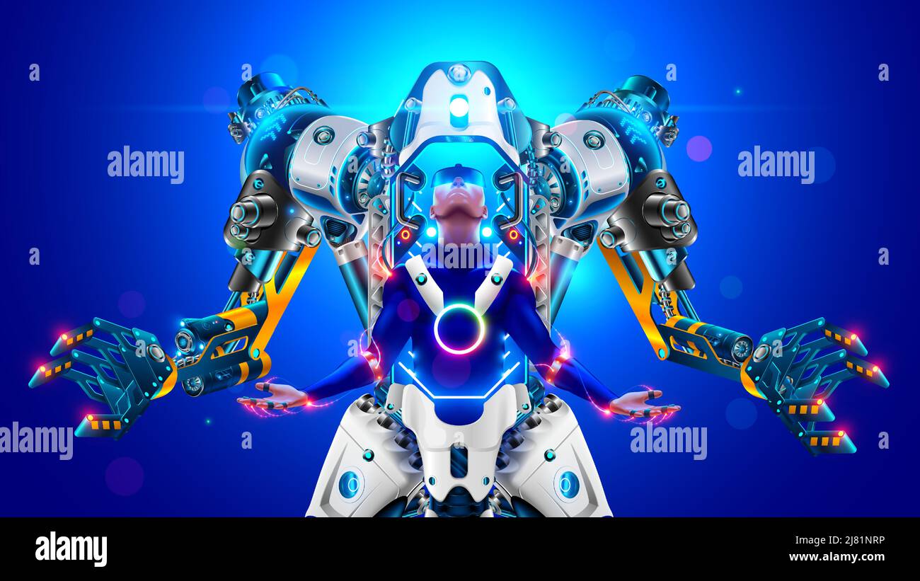 Sci-fi robotic exoskeleton armor with human operator inside. Big fiction mecha robot repeating the movements of a person. Man connection with humanoid Stock Vector