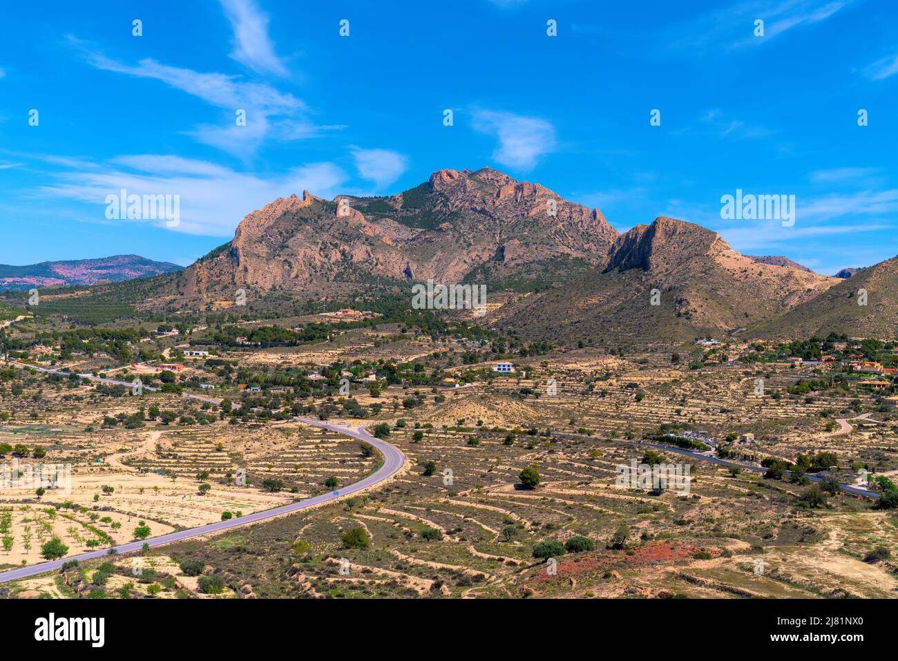 Busot Spain mountain view from castle in historic village tourist attraction near El Campello and Alicante Stock Photo