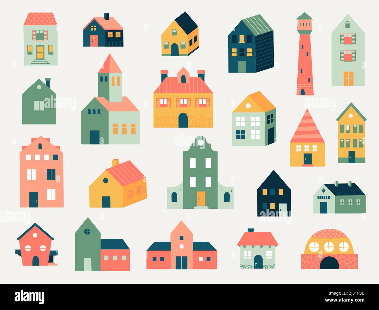 Doodle colored houses. Abstract hand drawn line cottage houses and rural farm buildings, cute small neighborhood houses. Vector isolated set Stock Vector