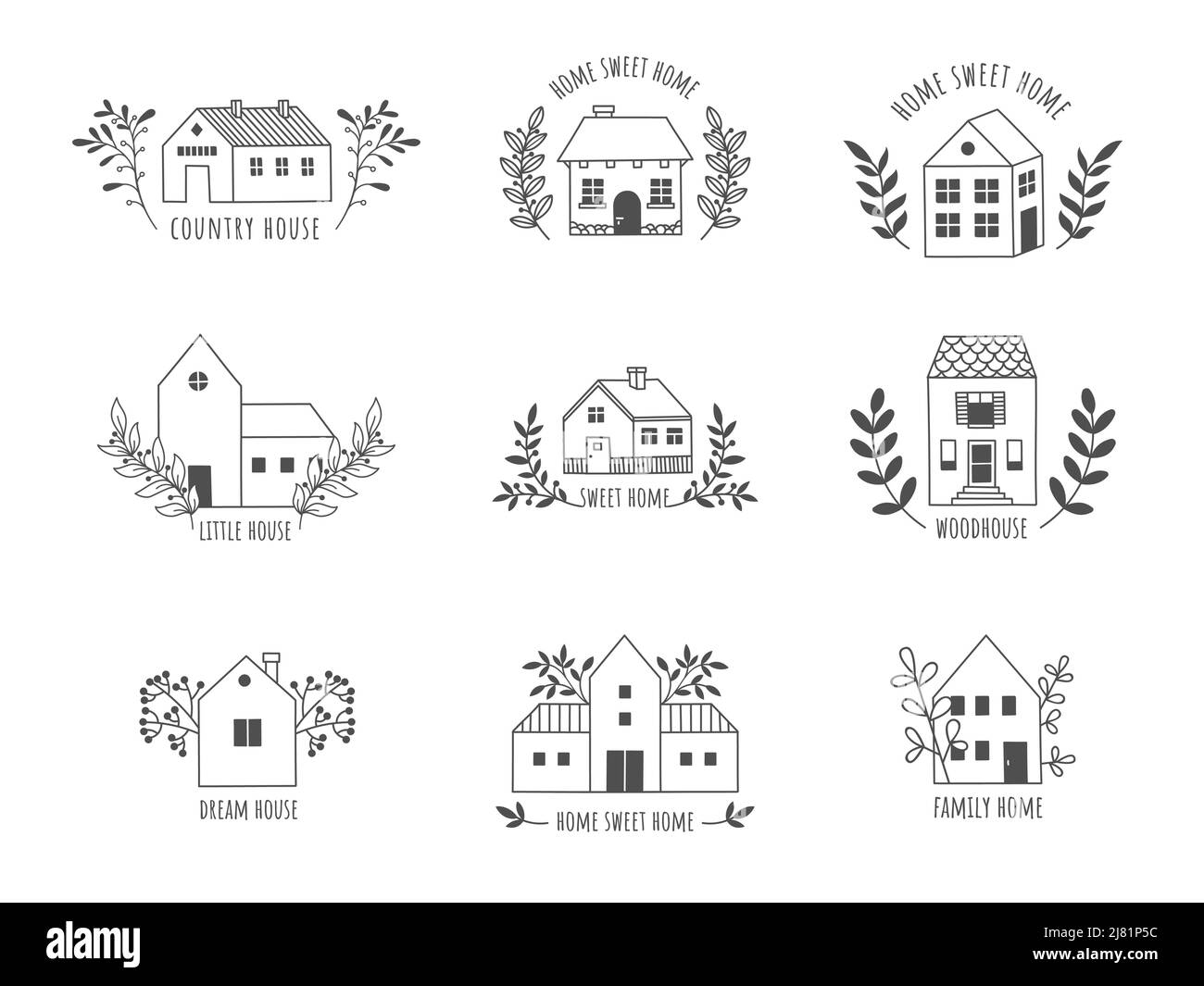 Doodle house logo. Cute hand drawn rural farm and country cottage with floristic elements, real estate line emblem. Vector scandinavian houses set Stock Vector