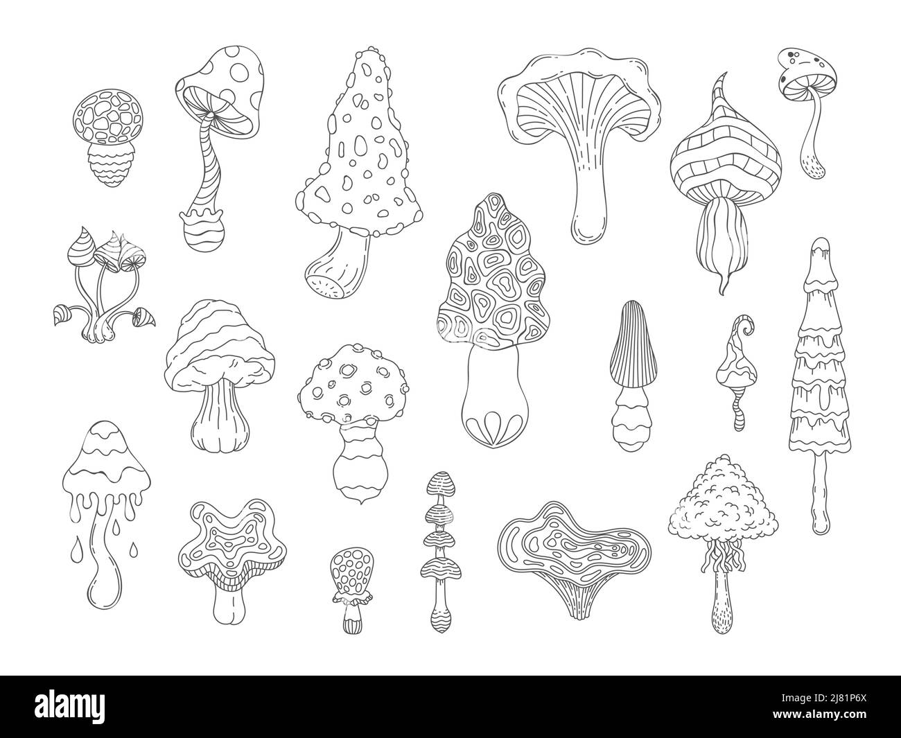 Psychedelic mushrooms. Abstract hand drawn coloring amanita and hipppie fungi, stylized linear magic mushrooms graphic. Vector isolated set Stock Vector