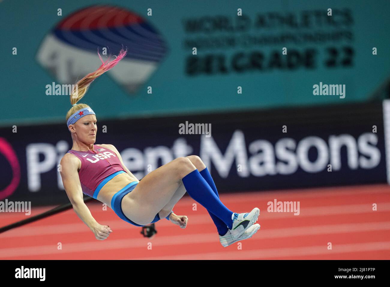 Sandi Morris jumping at the 2022 Belgrade Indoor World Championships in the pole vault specialty. Stock Photo