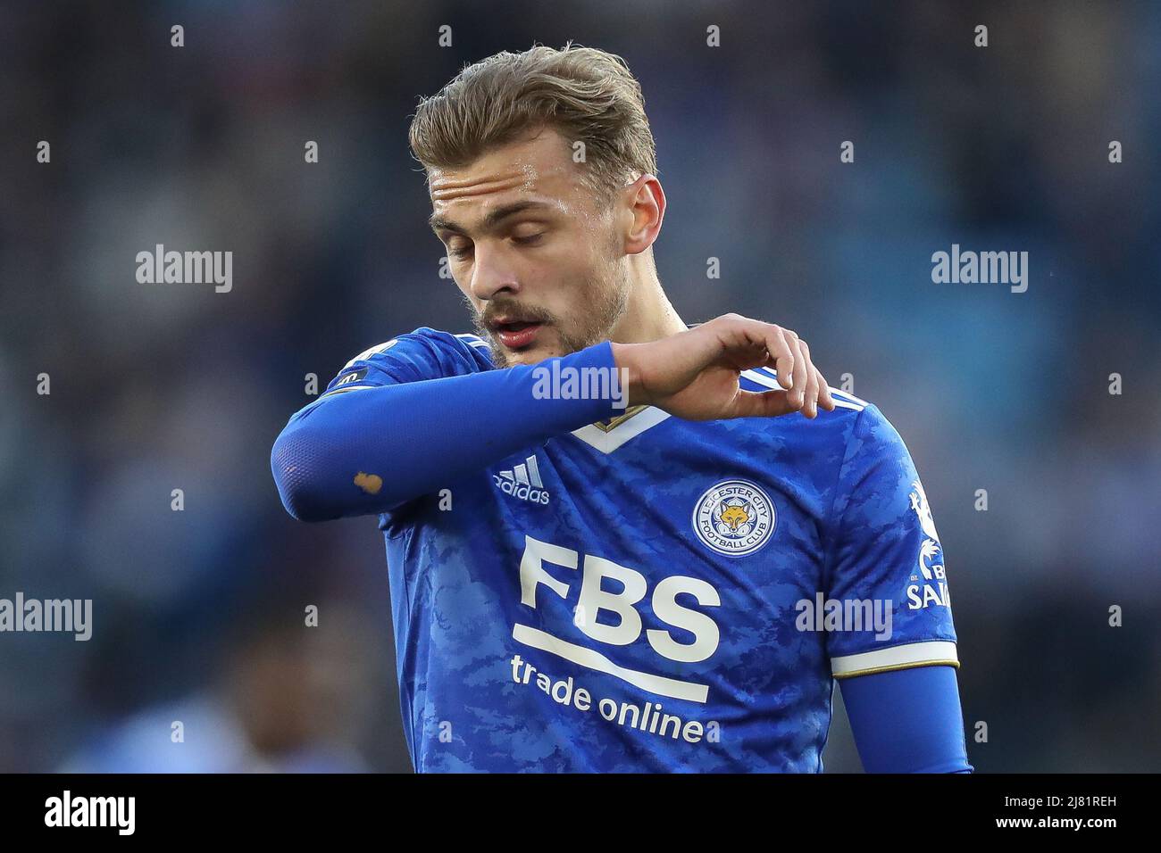 Kiernan Dewsbury-Hall #22 of Leicester City gestures and reacts