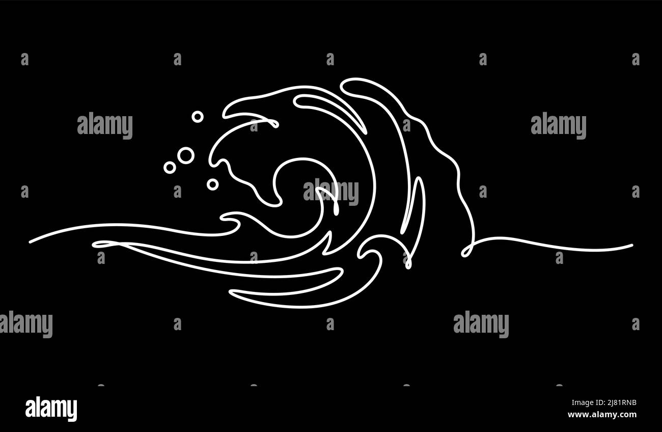 sea ocean waves line art illustration. Contour line and continuous drawing vector water wave isolated on black background Stock Vector