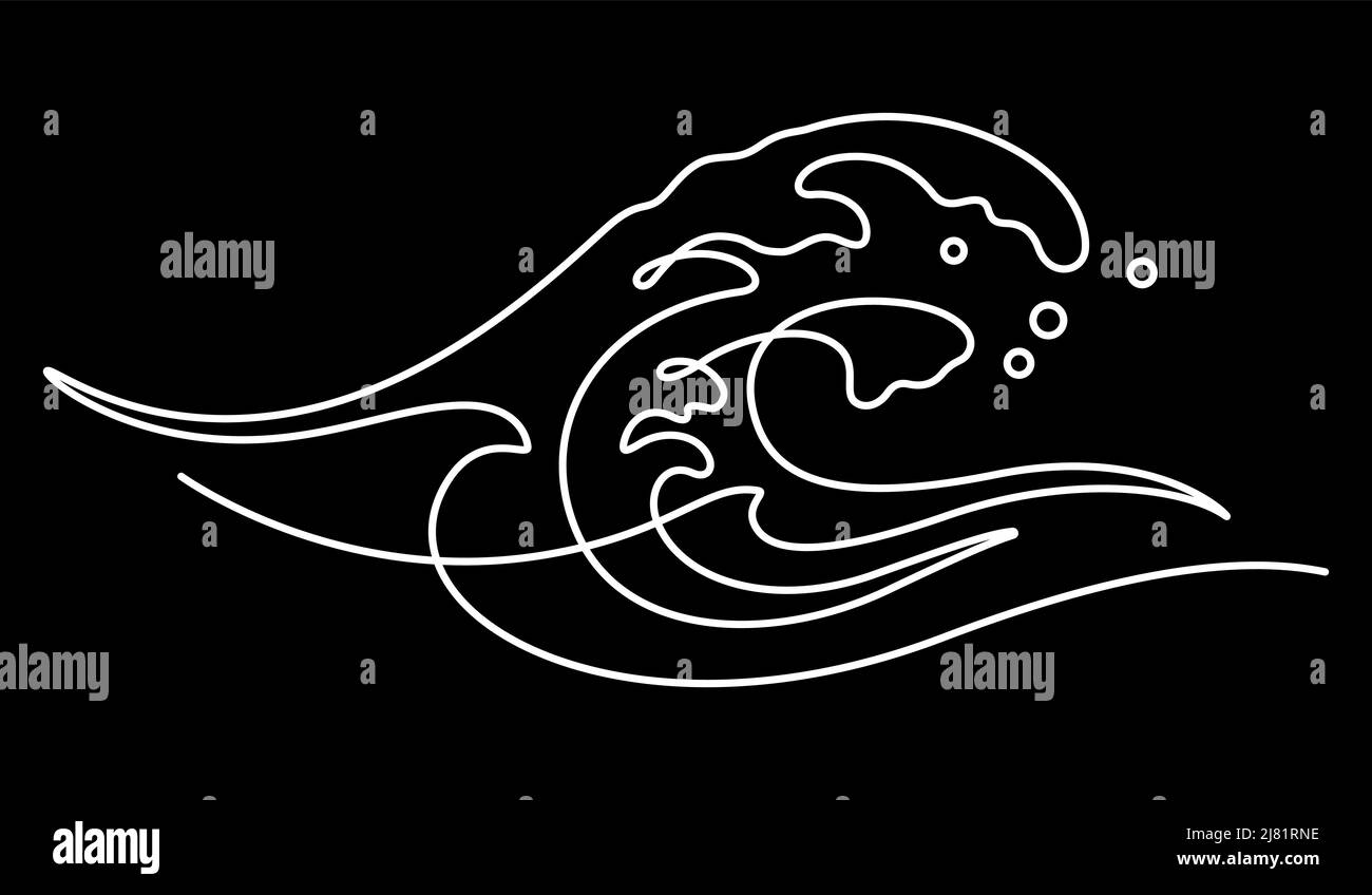 One line drawing of sea ocean waves illustration. Contour line and continuous drawing vector water wave isolated on black background Stock Vector