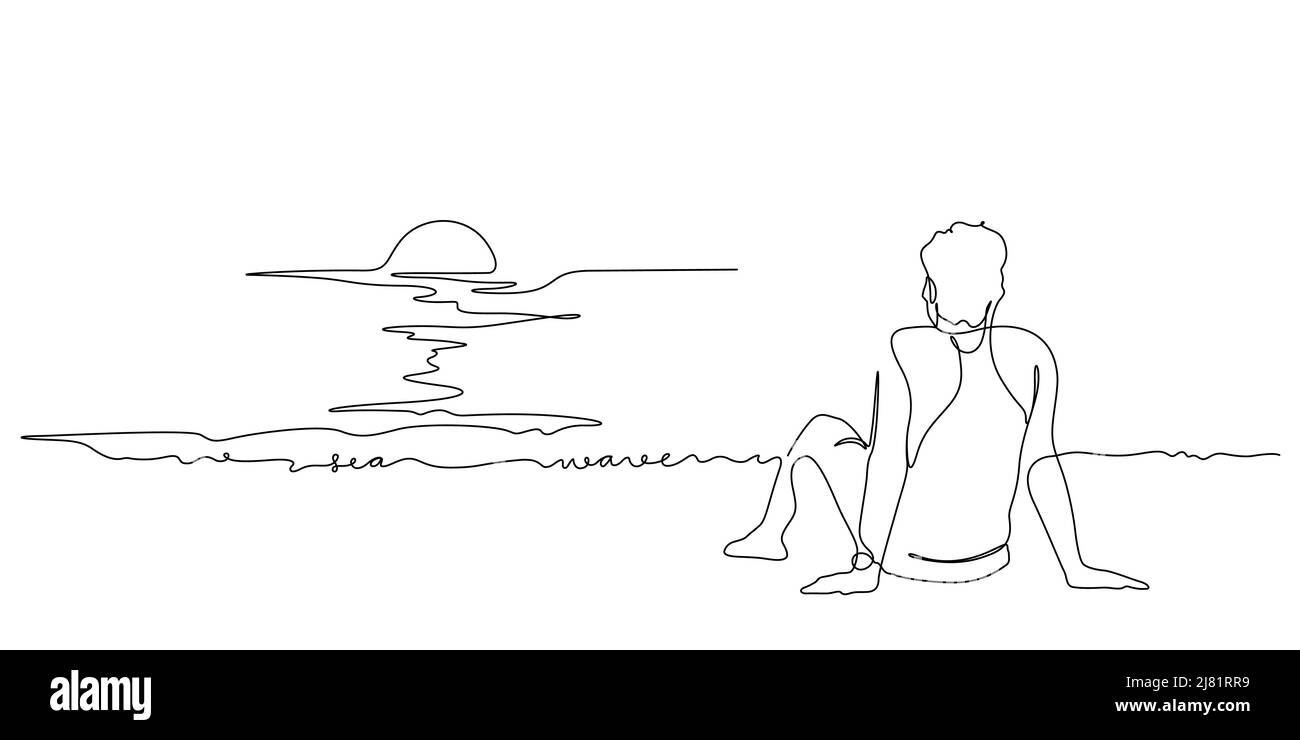 man sitting on sea beach and sunset scenes view illustration in one line drawing. Continuous line art hand drawn vector styles. Stock Vector