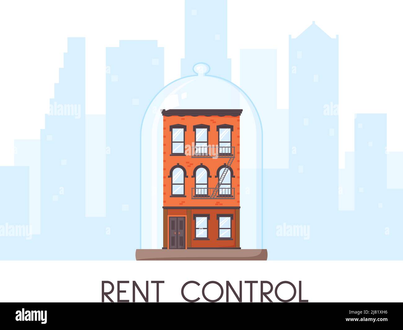 Rent control house concept. Old-fashioned house and city view silhouette. Brick building covered by glass dom. Rent stabilized apartment unit. Well Stock Vector