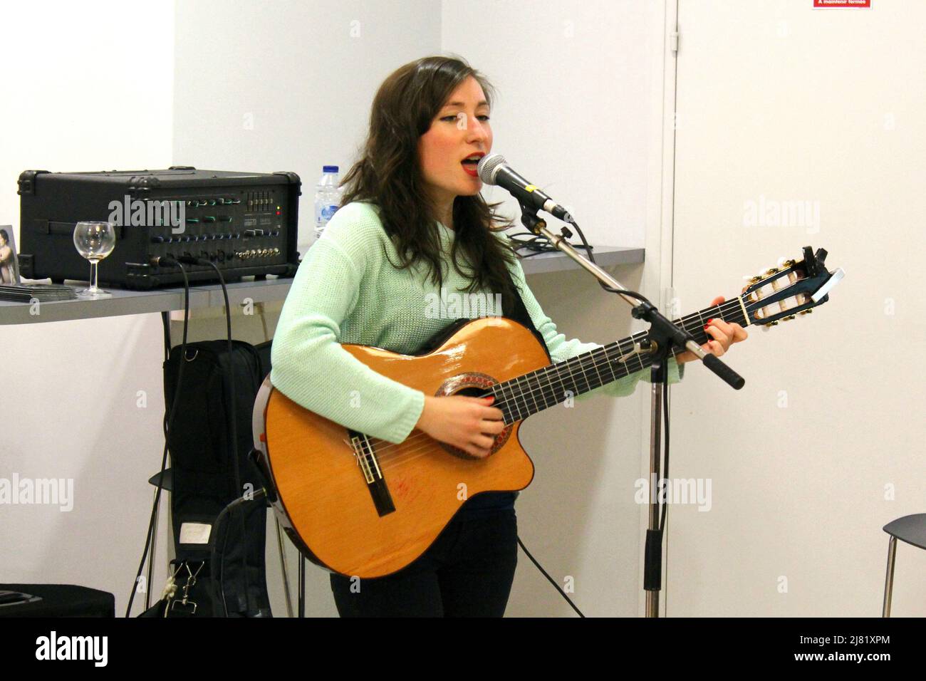 Lancement de la saison culturelle de l'Alliance française de Paris avec Clémence à la guitare et exposition collective de peintures Stock Photo