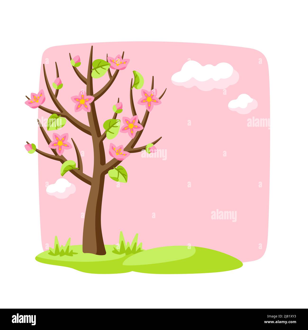 Spring tree with flowers and leaves. Seasonal nature illustration Stock ...