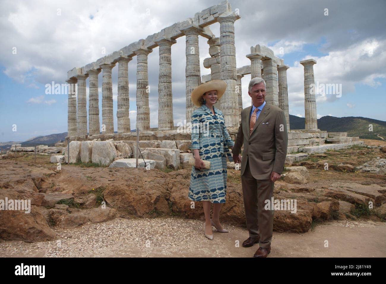 Queen Mathilde of Belgium and King Philippe - Filip of Belgium pose during a visit to the Temple of Poseidon, on the second day of a three days state visit of the Belgian royal couple to Greece,in Sounio. Stock Photo
